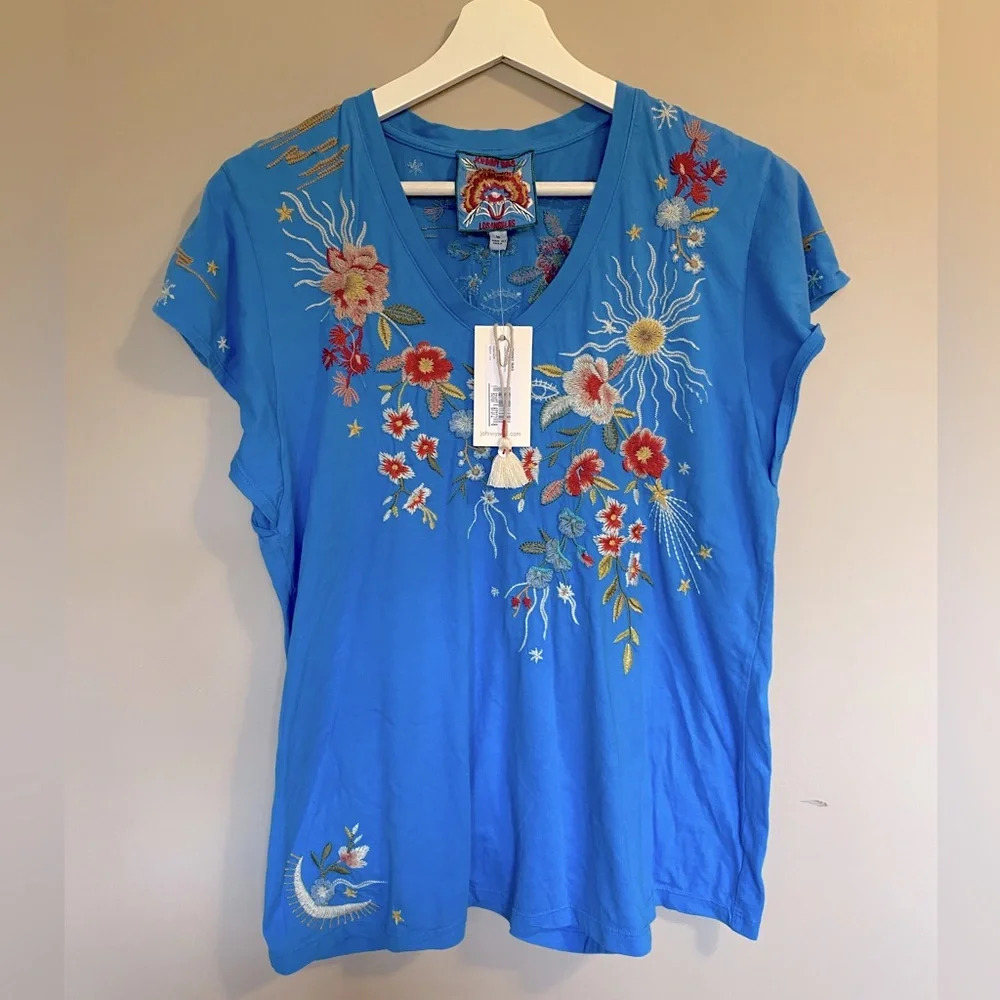 NWT Johnny Was blue embroidered tshirt, knit, floral & moons